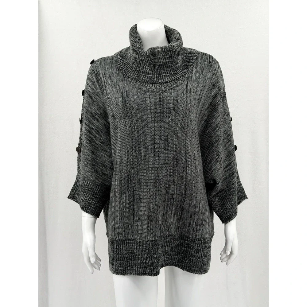 New Directions Sweater Womens 1X Gray Turtleneck Button Sleeve Pullover‎ Travel